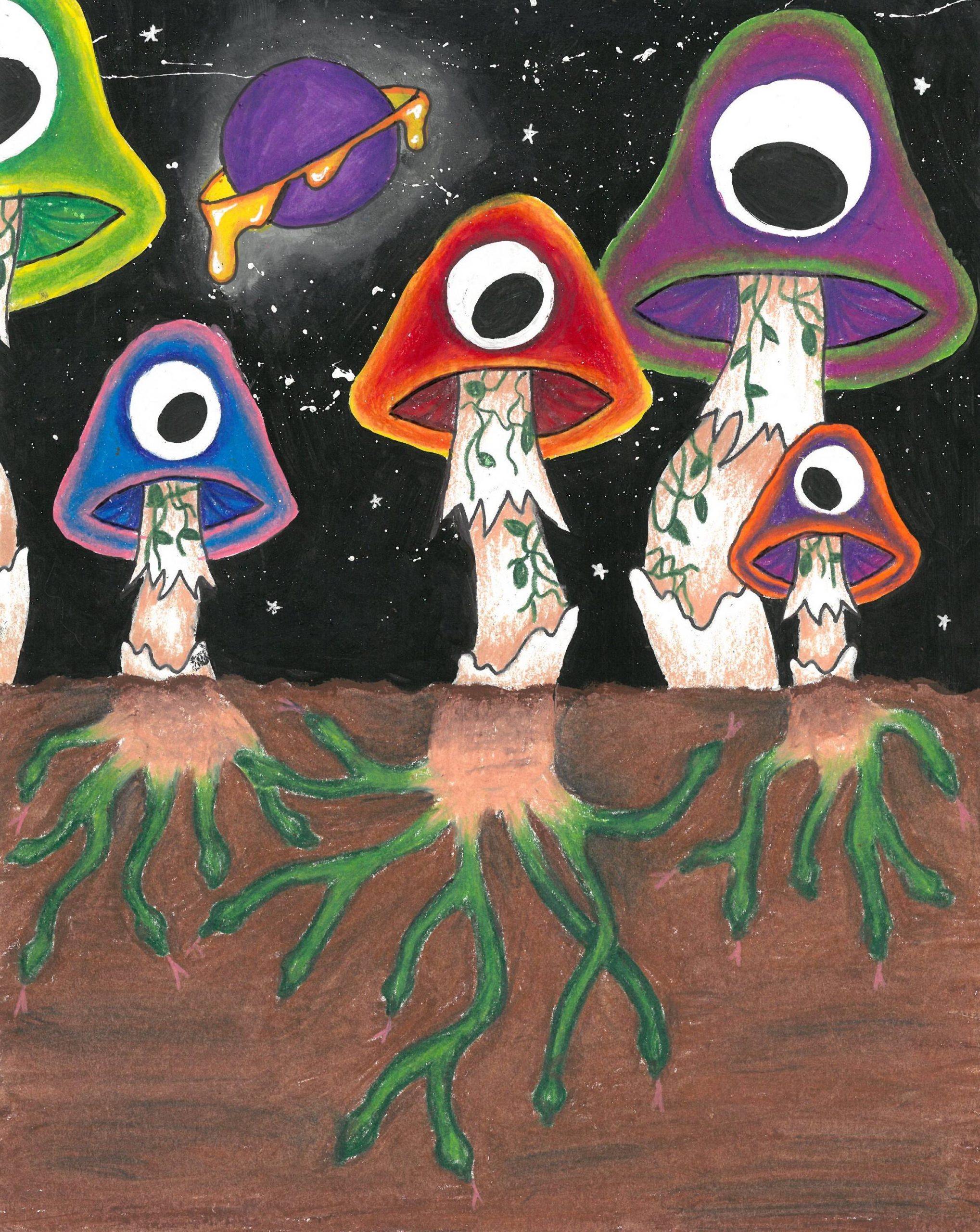 Surreal mushrooms in space with eyes on them