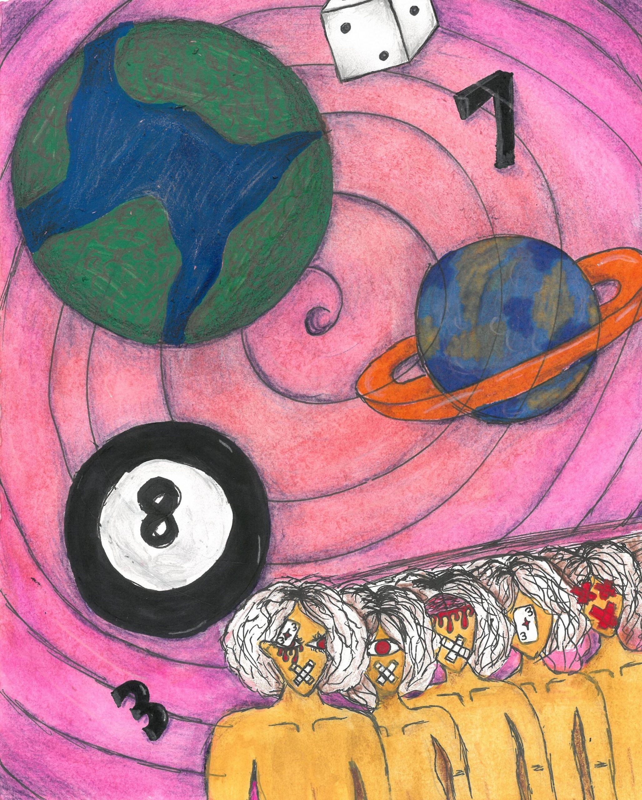 An 8-ball, Saturn, Earth orbiting with several naked humans below