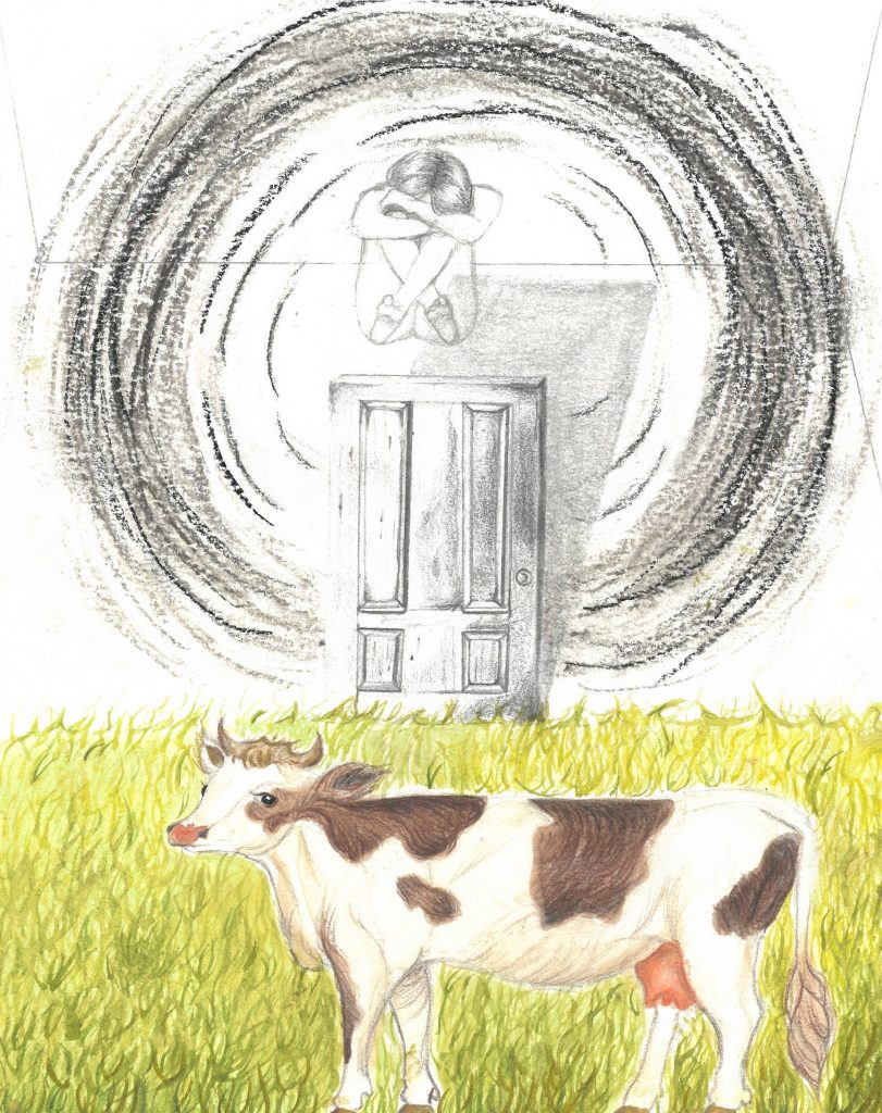 A cow on the bottom, and a sketch of a human who is thinking above