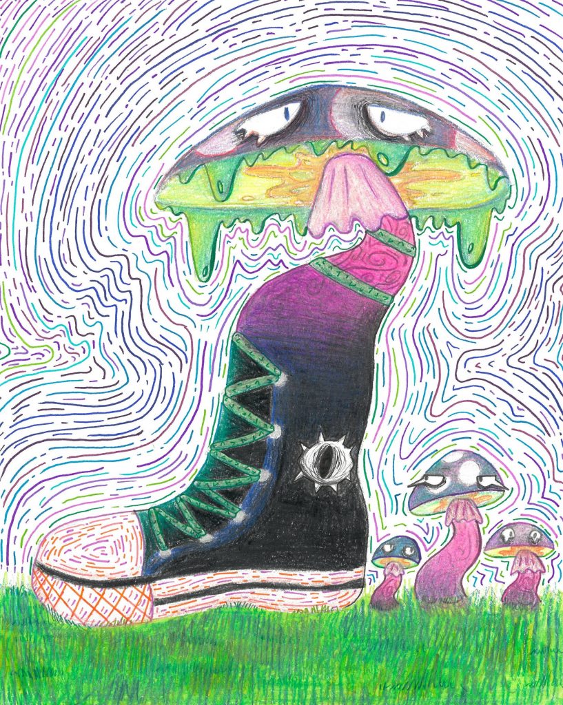 A colorful boot that is also a mushroom