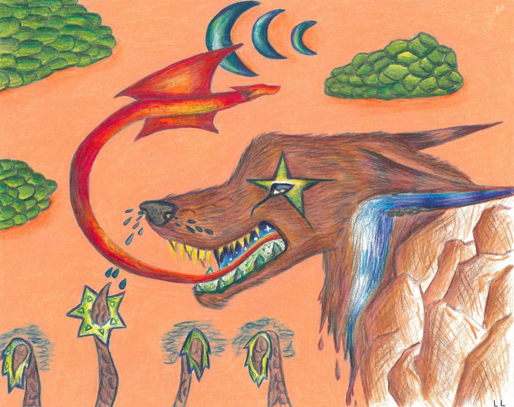 A dragon flying out of a wolf\'s mouth