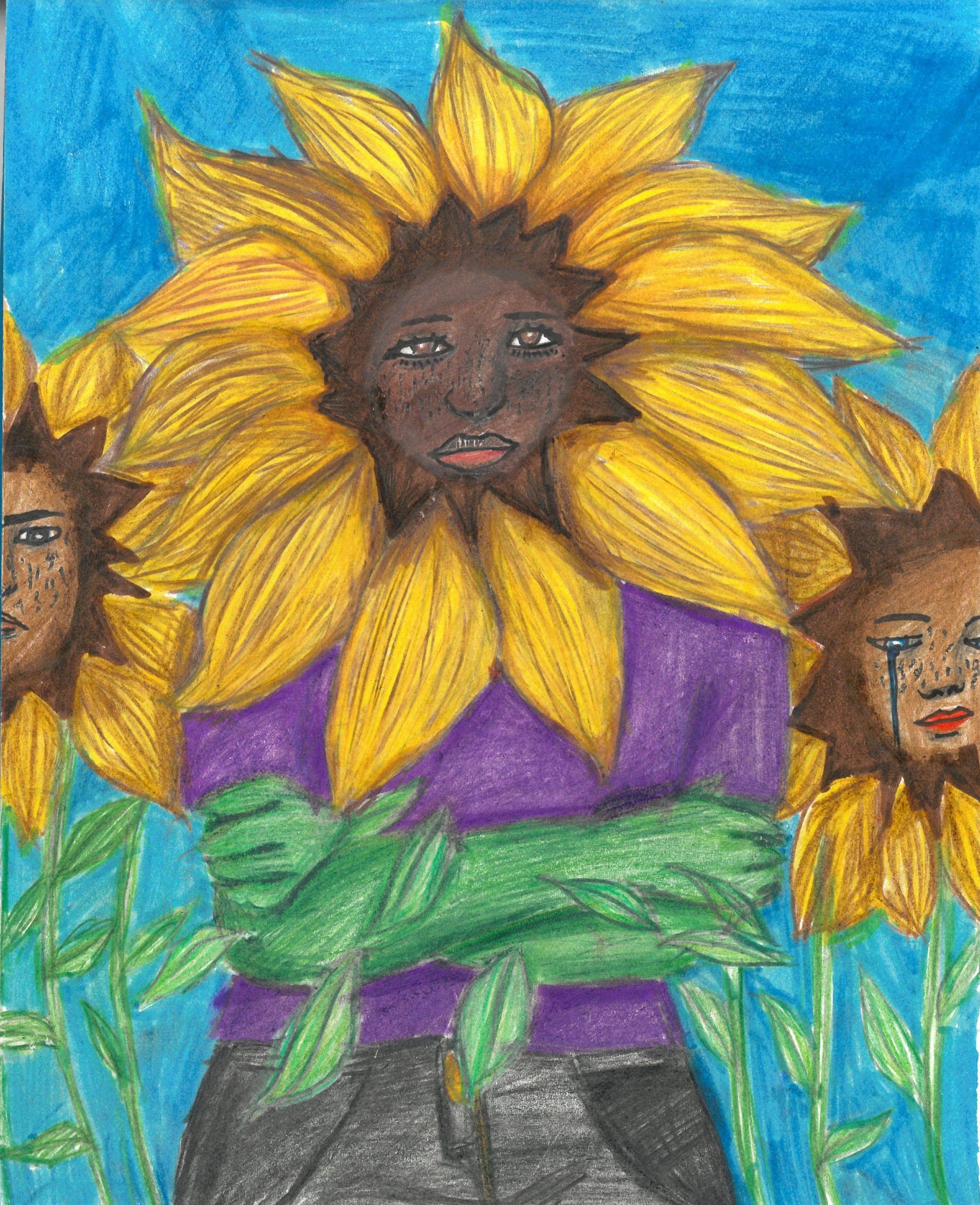 Three humans with sunflower heads