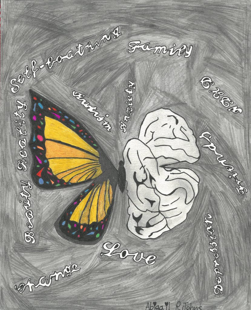 Student Surrealist Art Exhibit, A Butterfly Wing and a Cracked Brain Wing with Mental State Words
By Abigail Johns
