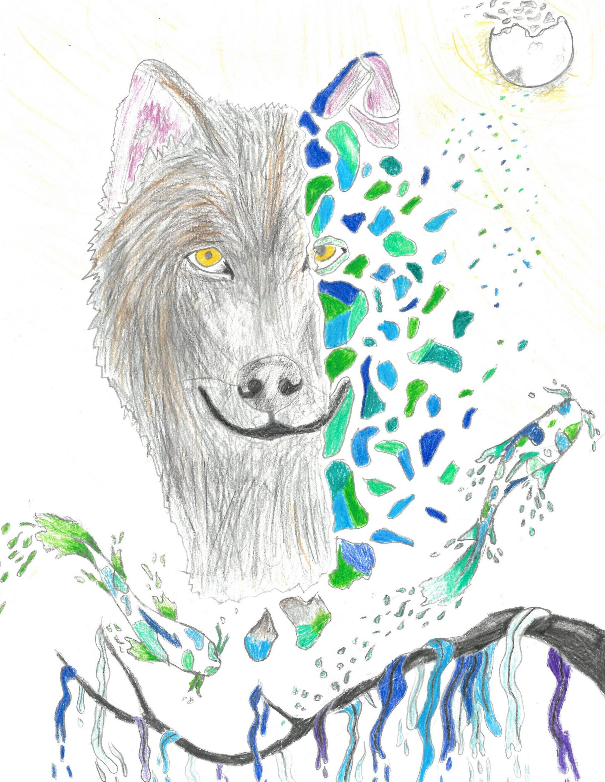 A sketch of a wolf, with half of its face being colorful ceramics