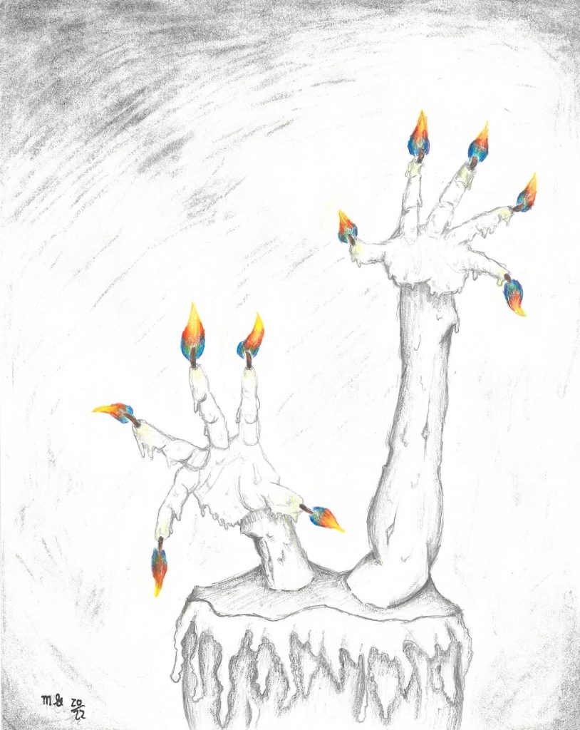 A sketch of a cake with hands coming out of it, with their fingertips as candles