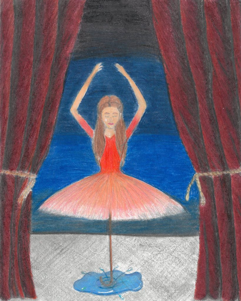 A ballerina in red, with no legs