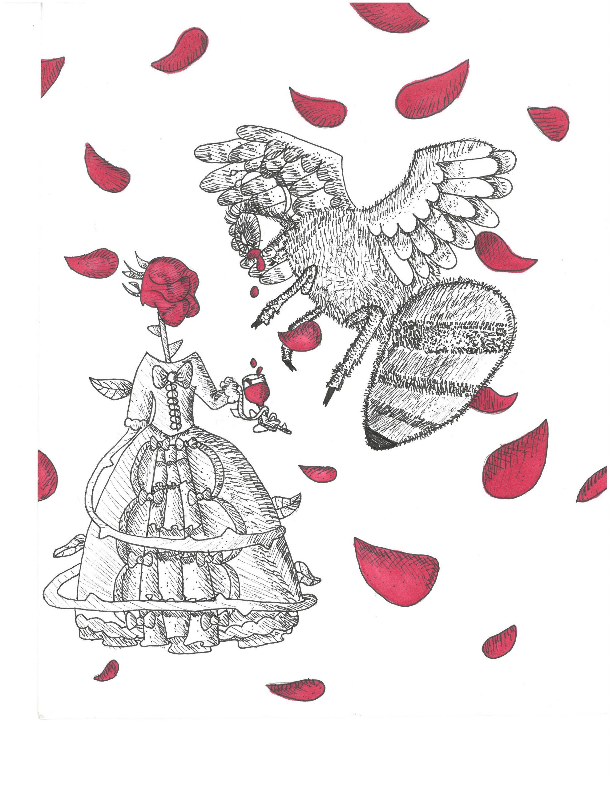 Black and white drawing of a woman with a red rose for head. Next to winged creature. Falling red rose petals.