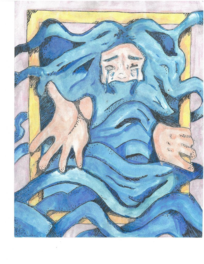 Drawing of man crying and reaching out from under blue waves.