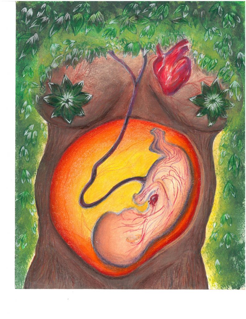 A naked woman with a baby in her uterus