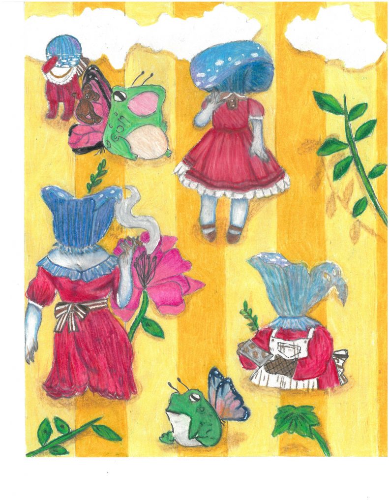 Drawing of girls in pink dresses with blue bags tied over their heads. Surrounded by green frogs with wings. In front of a yellow stripped background