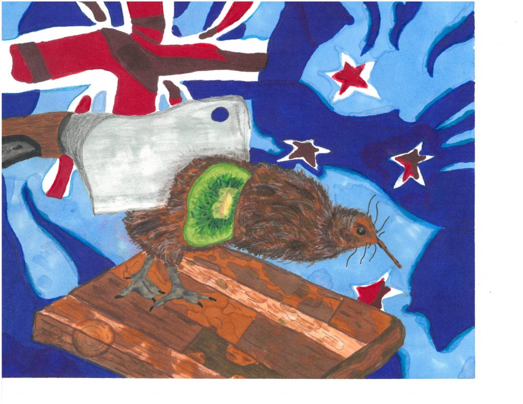 Drawing of kiwi bird being sliced by knife. Inside the bird is the kiwi fruit. New Zealand flag in the background.