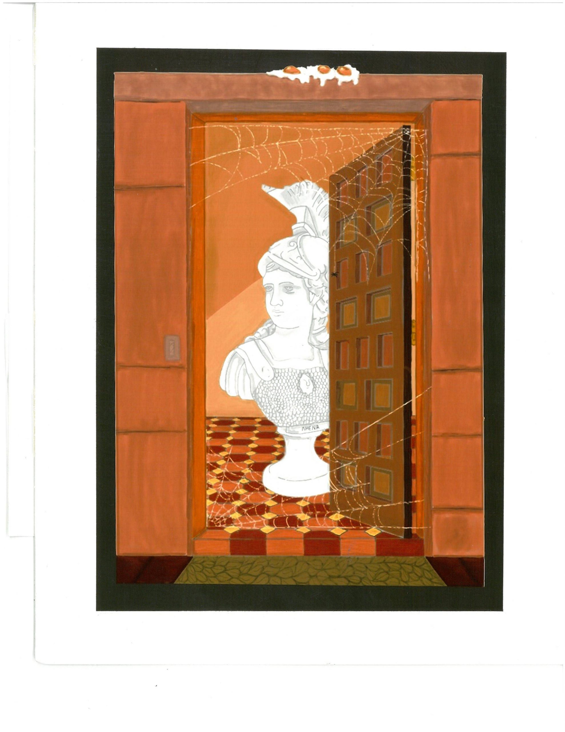 Drawing of porcelain bust opening a door