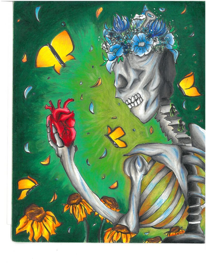 A skeleton with a flower on its head holding and looking at a heart