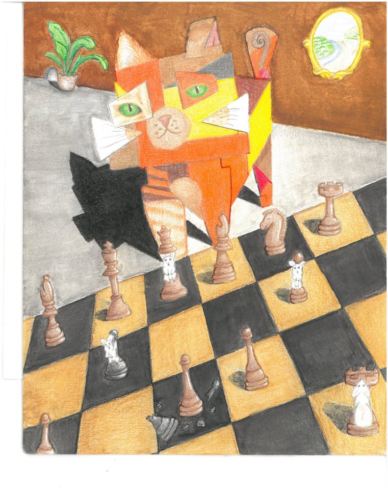 A chess board with a yellow-colored surreal cat in the background