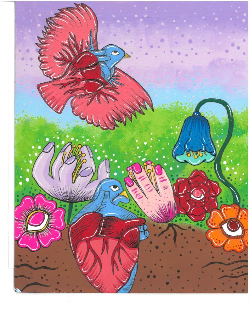 Field with hand shaped flowers and bird shaped like human hearts.