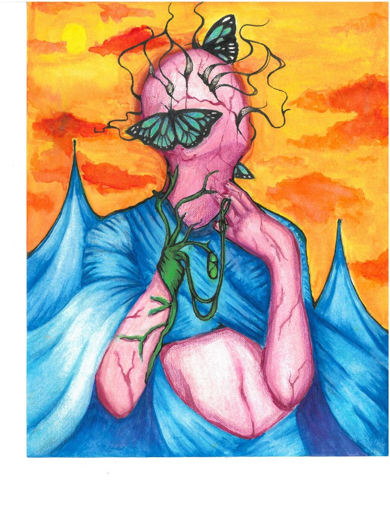 Drawing of pink human figure draped in blue fabric and green vines and butterflies.