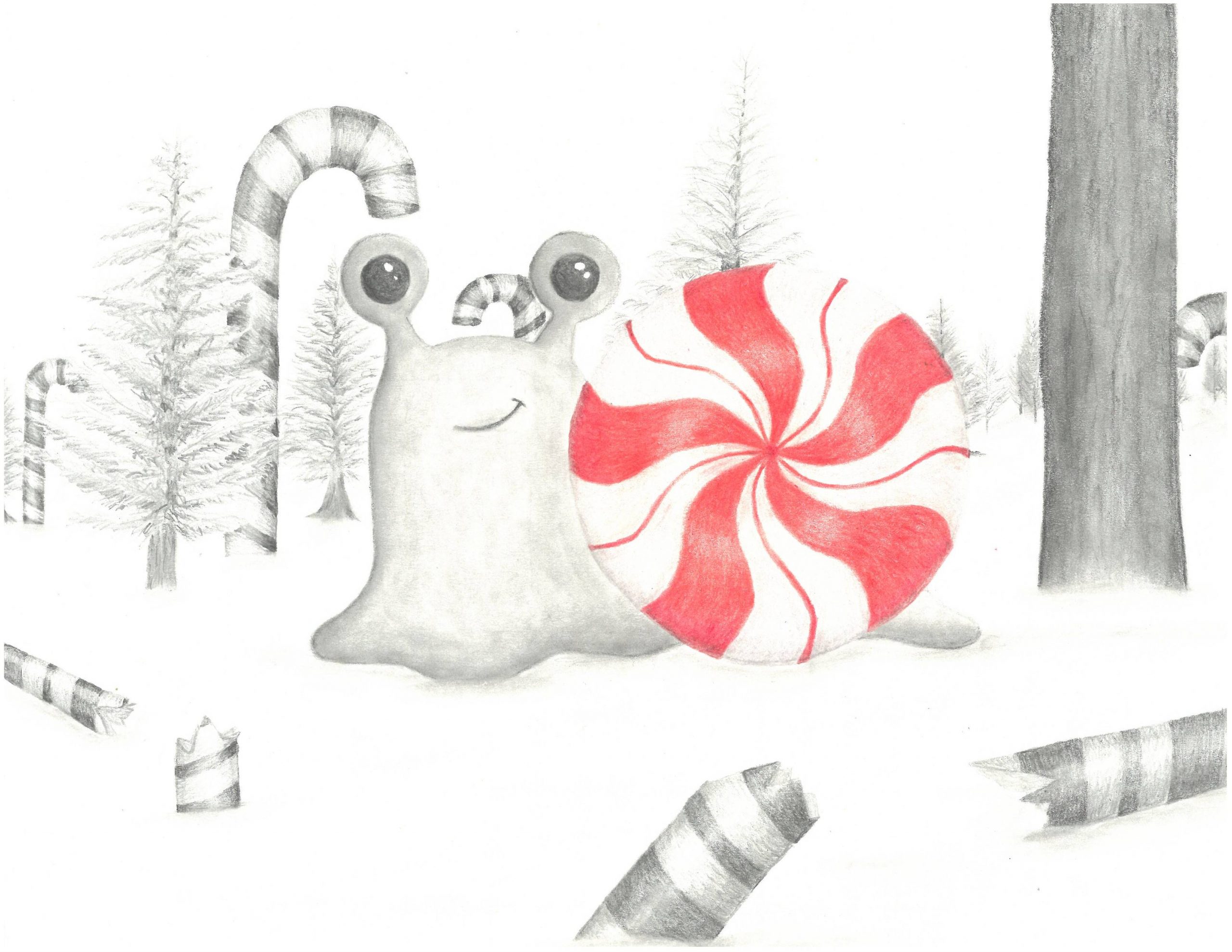 A sketch of a frog and Christmas candies in a forest