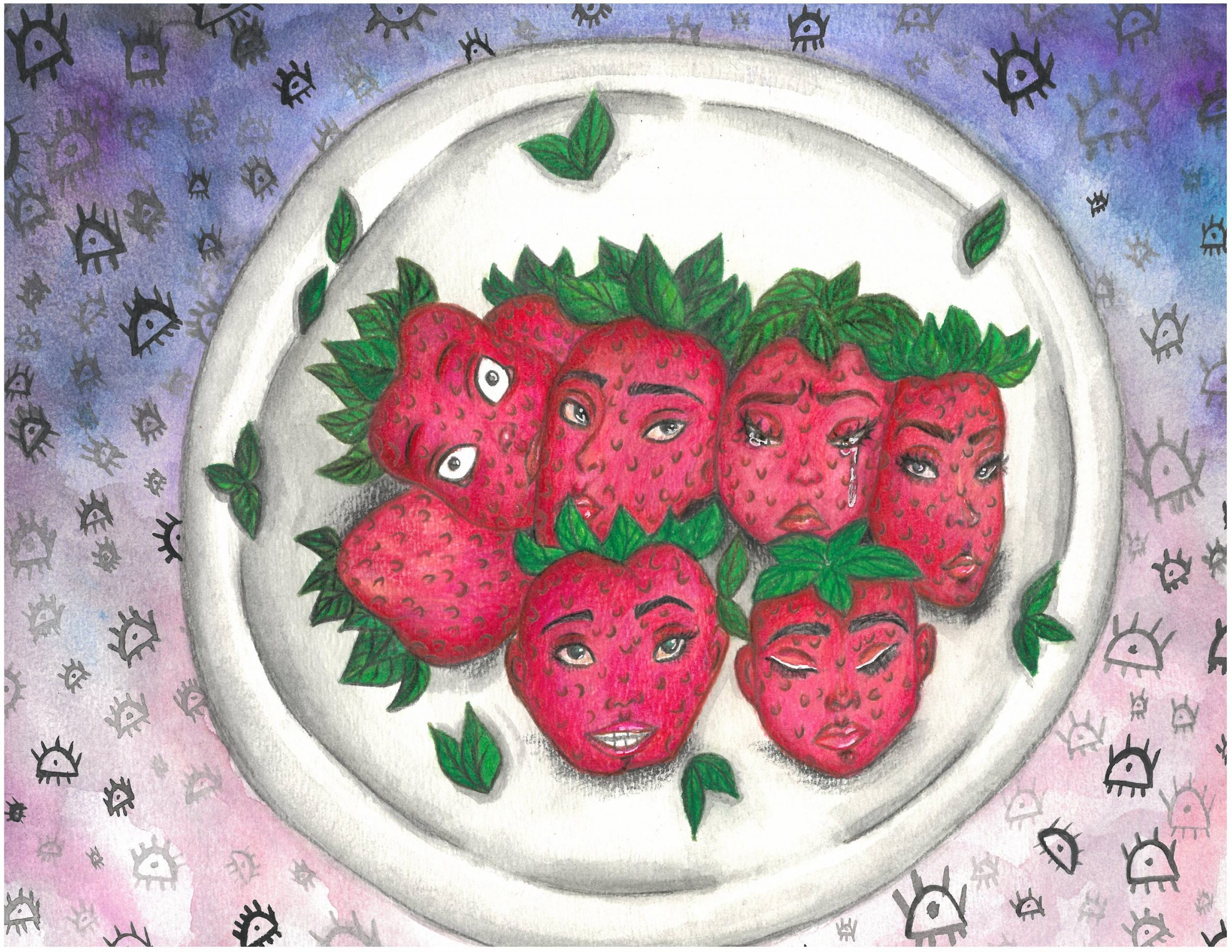 Strawberries with faces on a plate