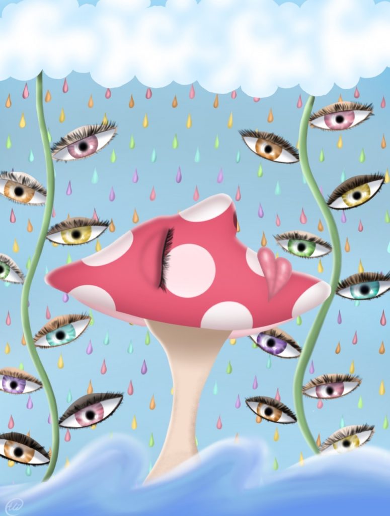 A human face in a mushroom form is ignoring all eyes around