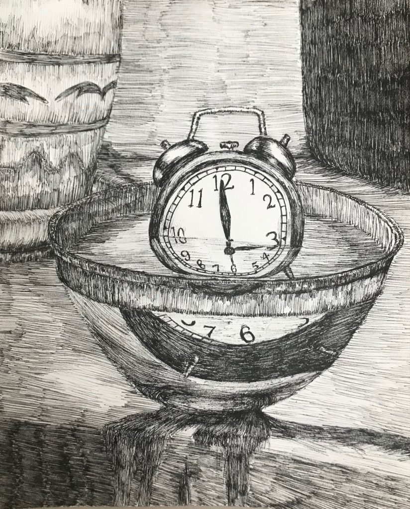 A black and white sketch of a clock in a vase