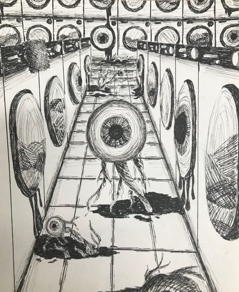 A laundromat with machines with their glass doors as eyeballs