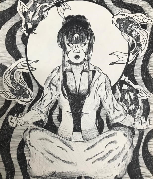 A sketch of a meditating anime figure