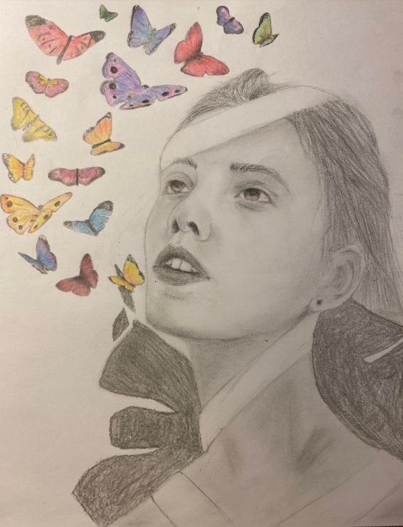 A sketch of a girl looking at colorful butterflies with admiration