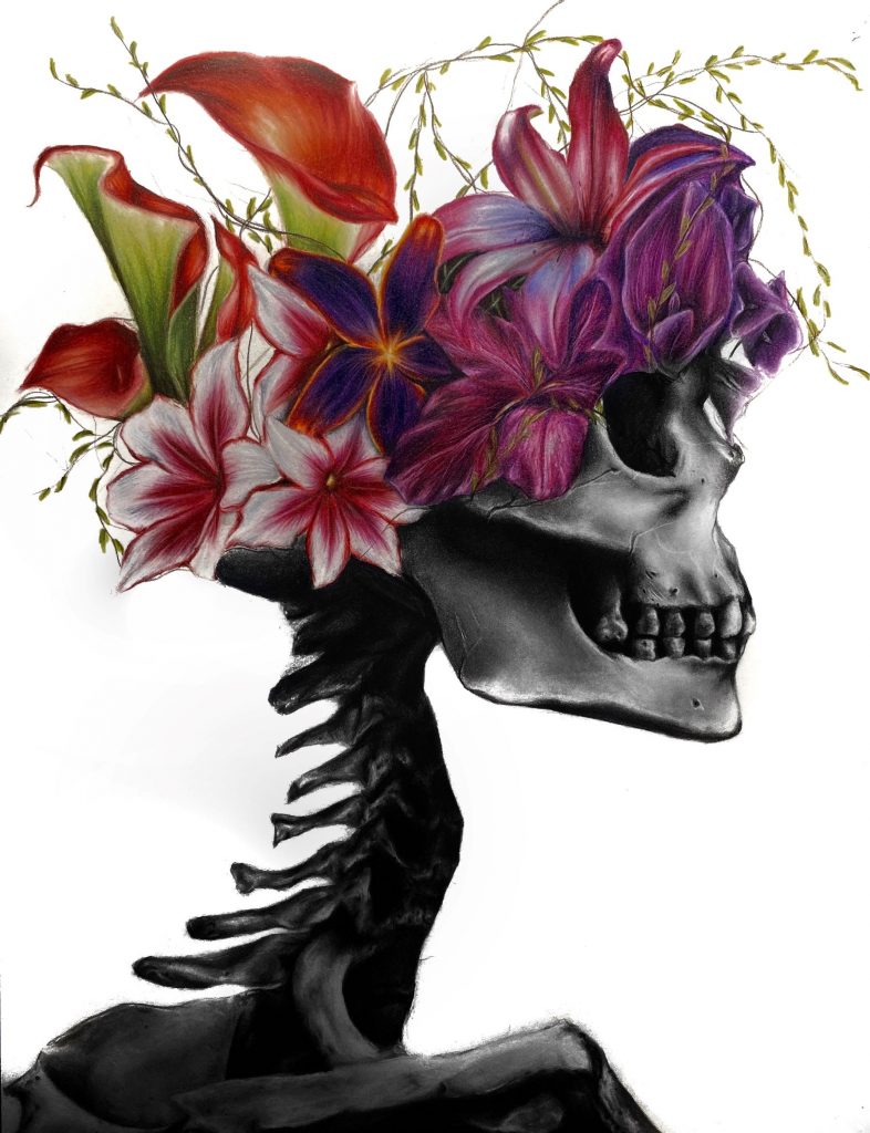 A profile of a skeleton with flowers on its head