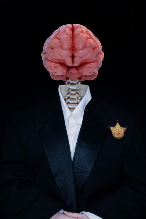 An image of a suit with a brain head