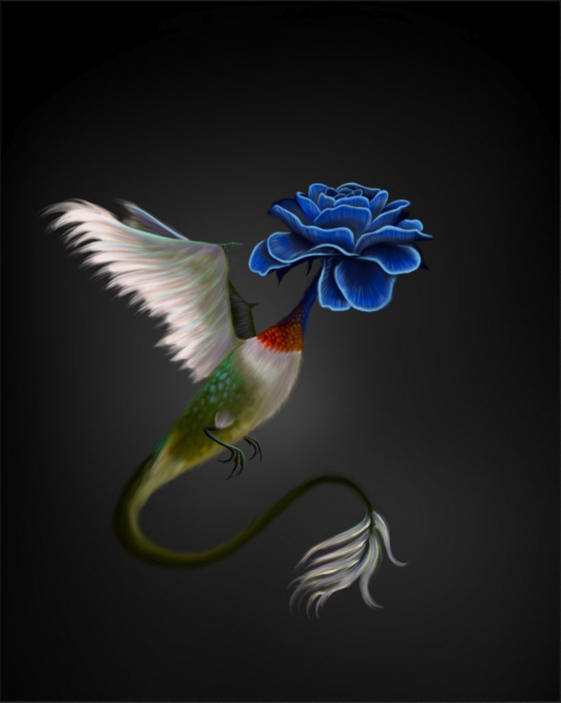 A hummingbird with angel-like wings and a flower head