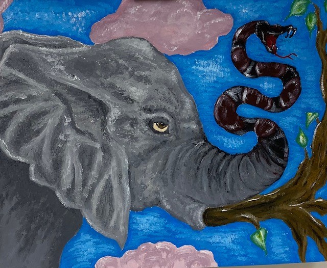 An elephant whose mouth has transformed into a snake