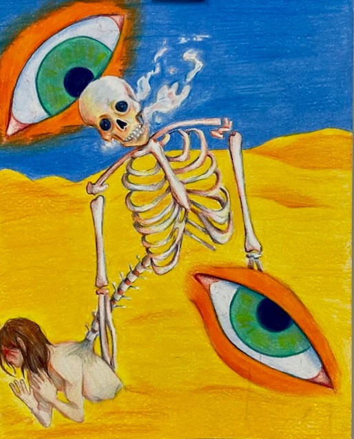 A skeleton in a desert holding onto a woman, flesh