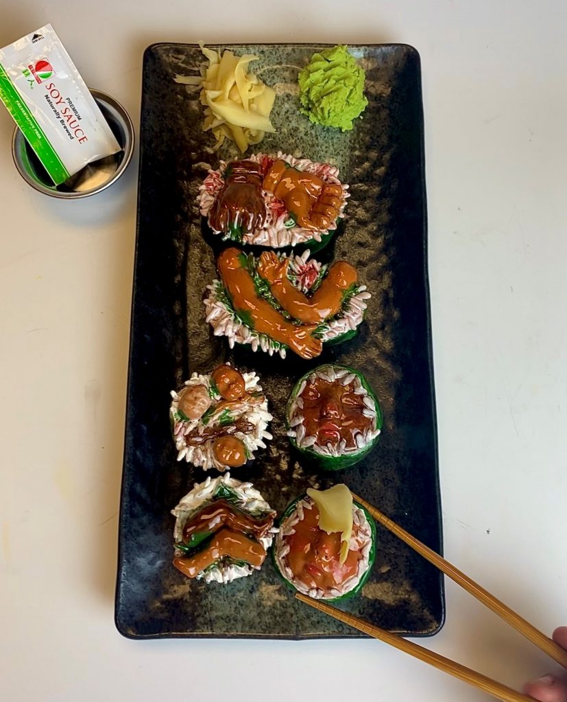Six pieces of sushi served