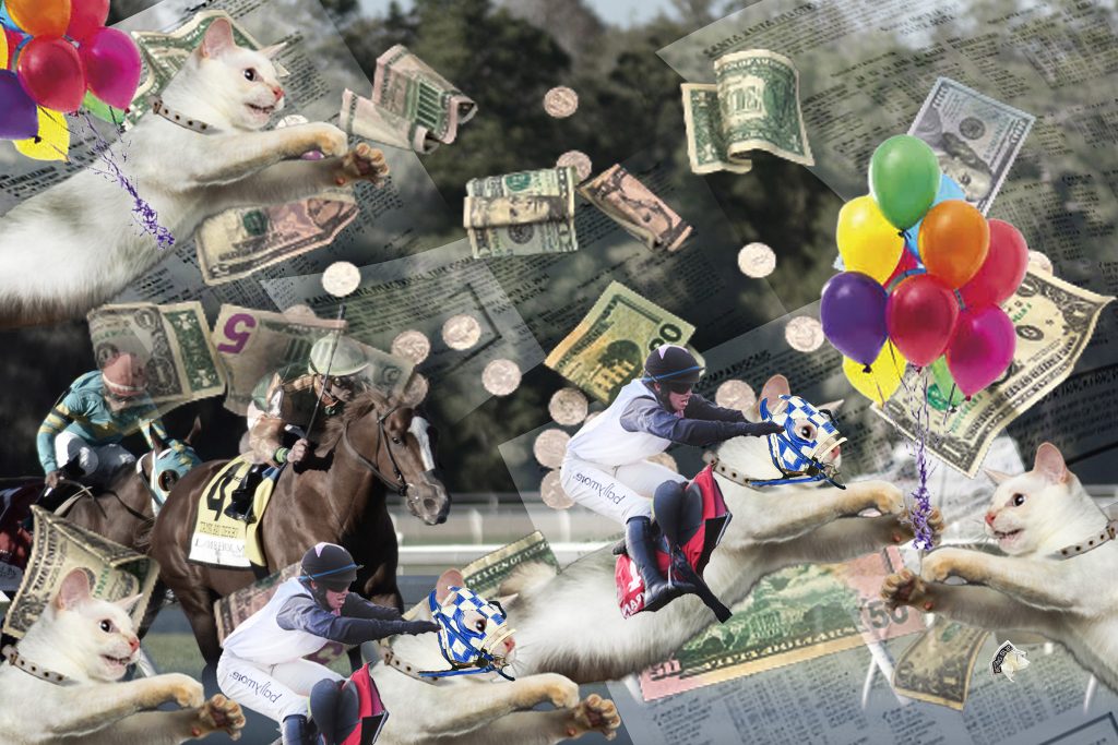 An image of dollar bills and skater boys with balloons in the air
