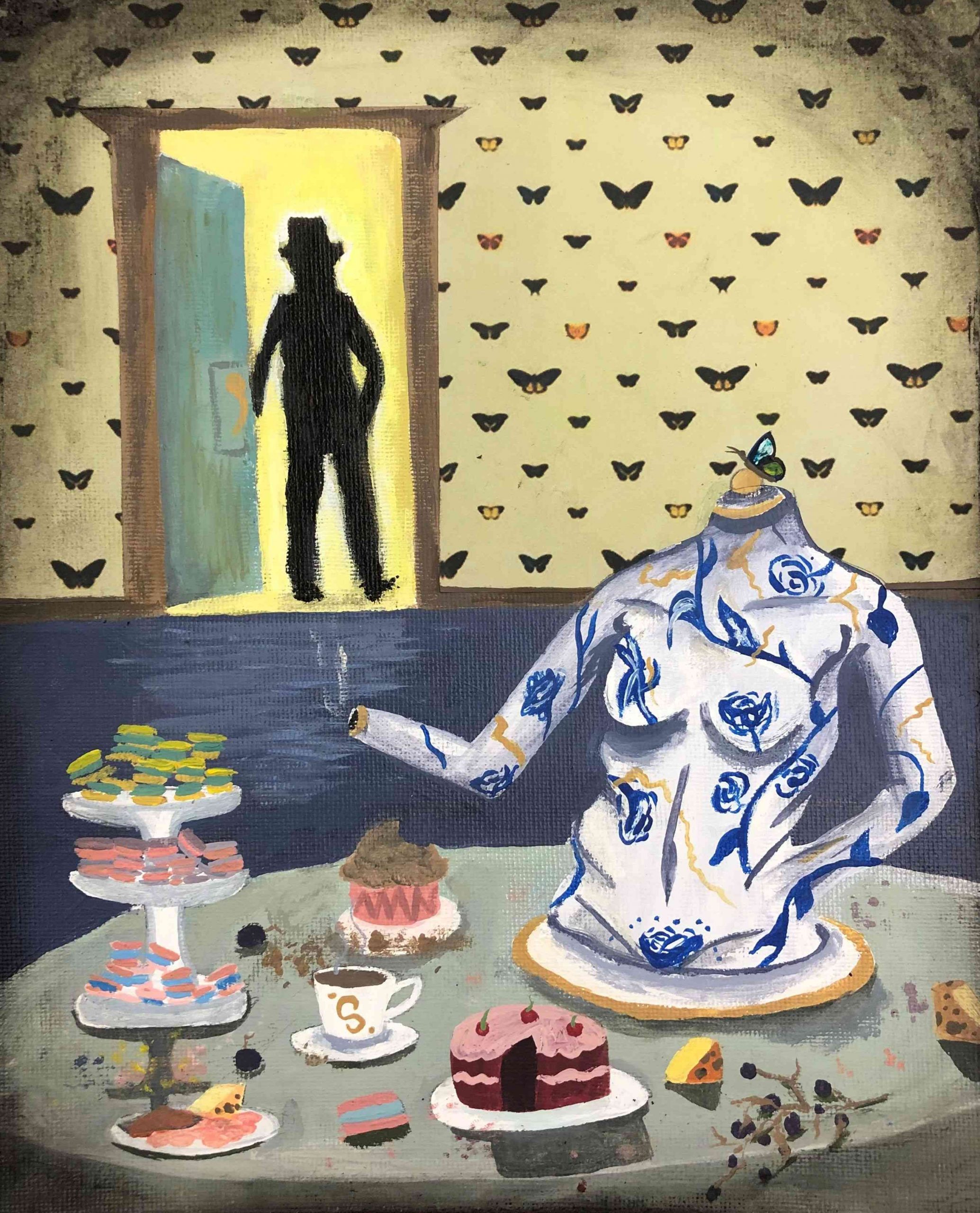 A painting where a dark male figure is leaving the table with pastries and a statue of a woman\'s body