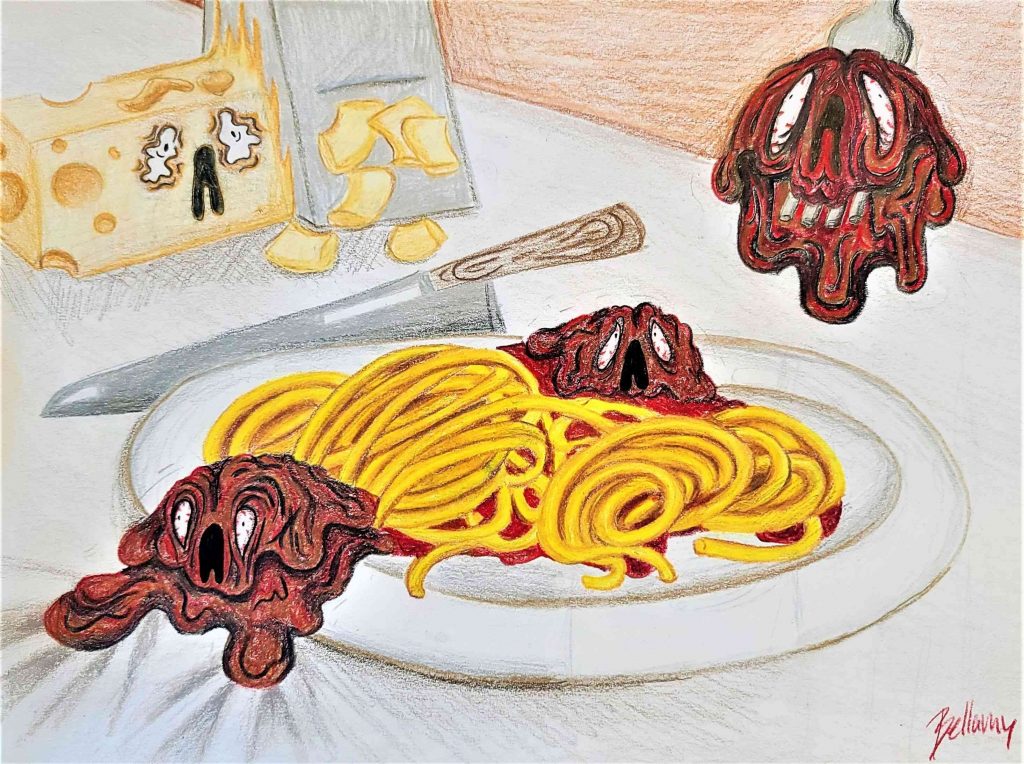 A plate of spaghetti with monster-like meatballs