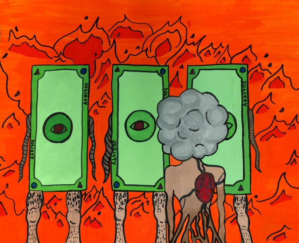 A woman is staring at three human-like dollar bills and there is an inferno in the background