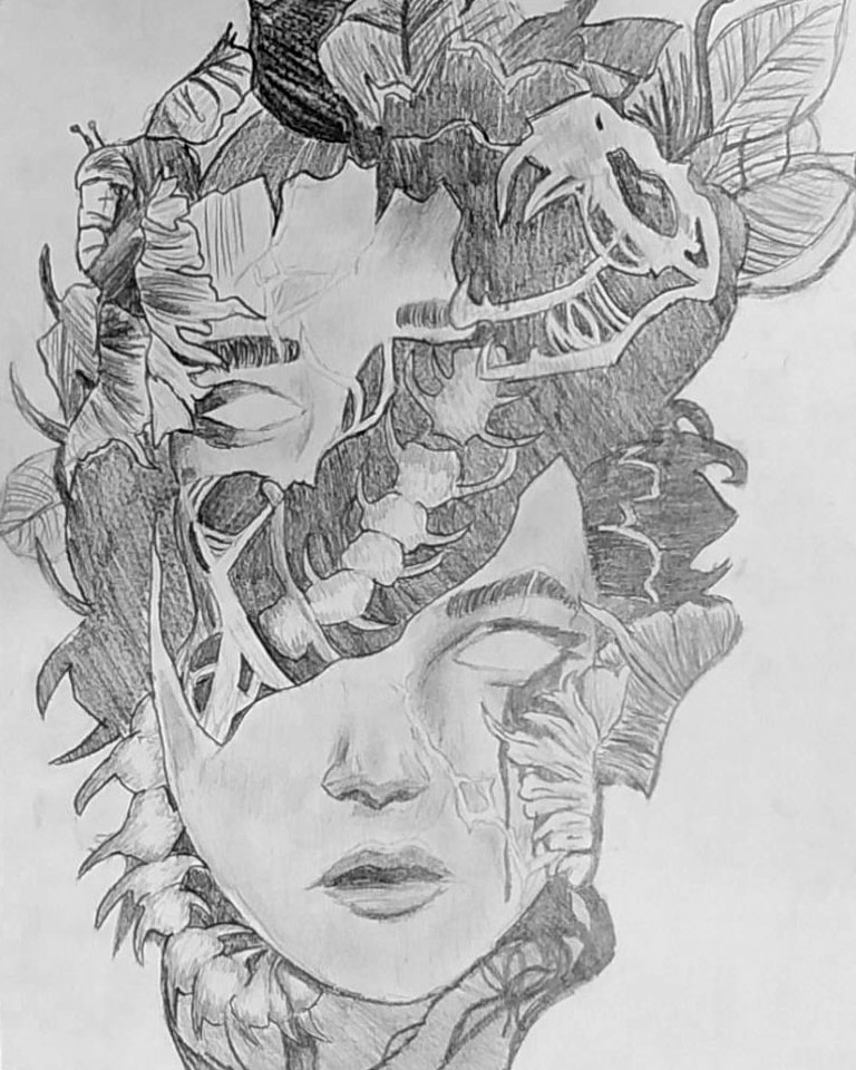 A surreal sketch of a woman\'s portrait with flowers