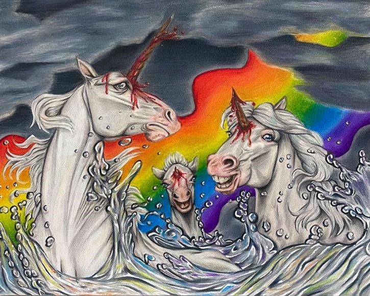 Three horses with a rainbow behind them