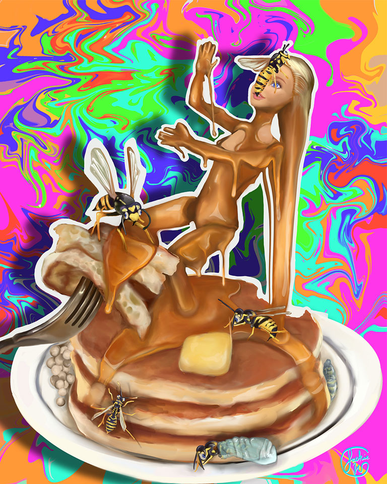 Bees are enjoying a tack of pancakes with a barbie on top