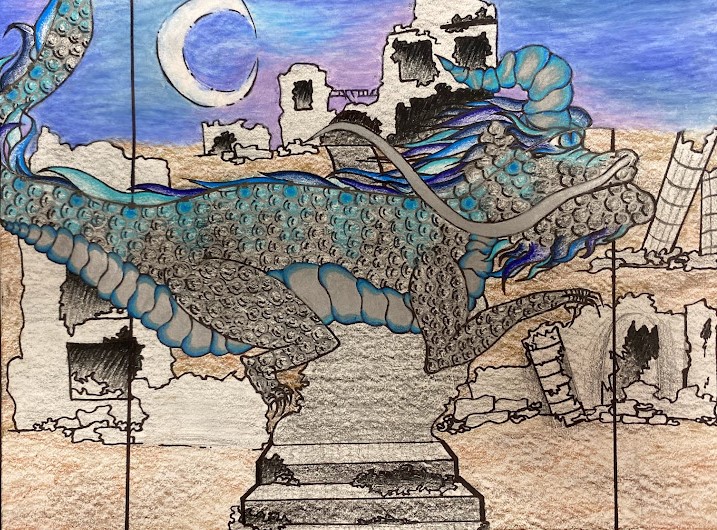 A surreal painting of a dragon in blue