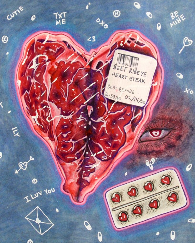 A heart-shaped steak and pills