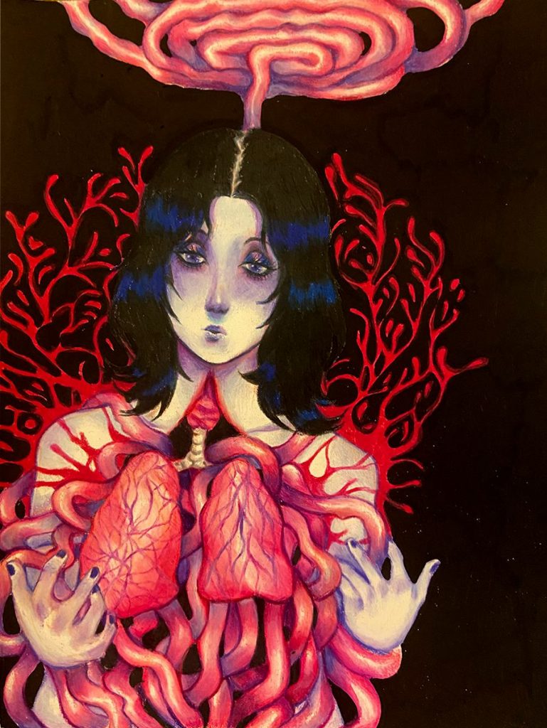 A woman with no expression looking at her organs