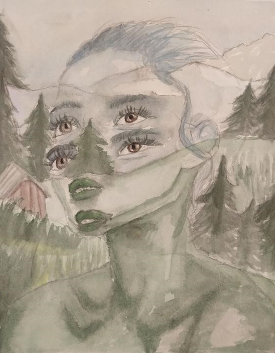 A sketch of a woman\'s face with trees embedded in her face