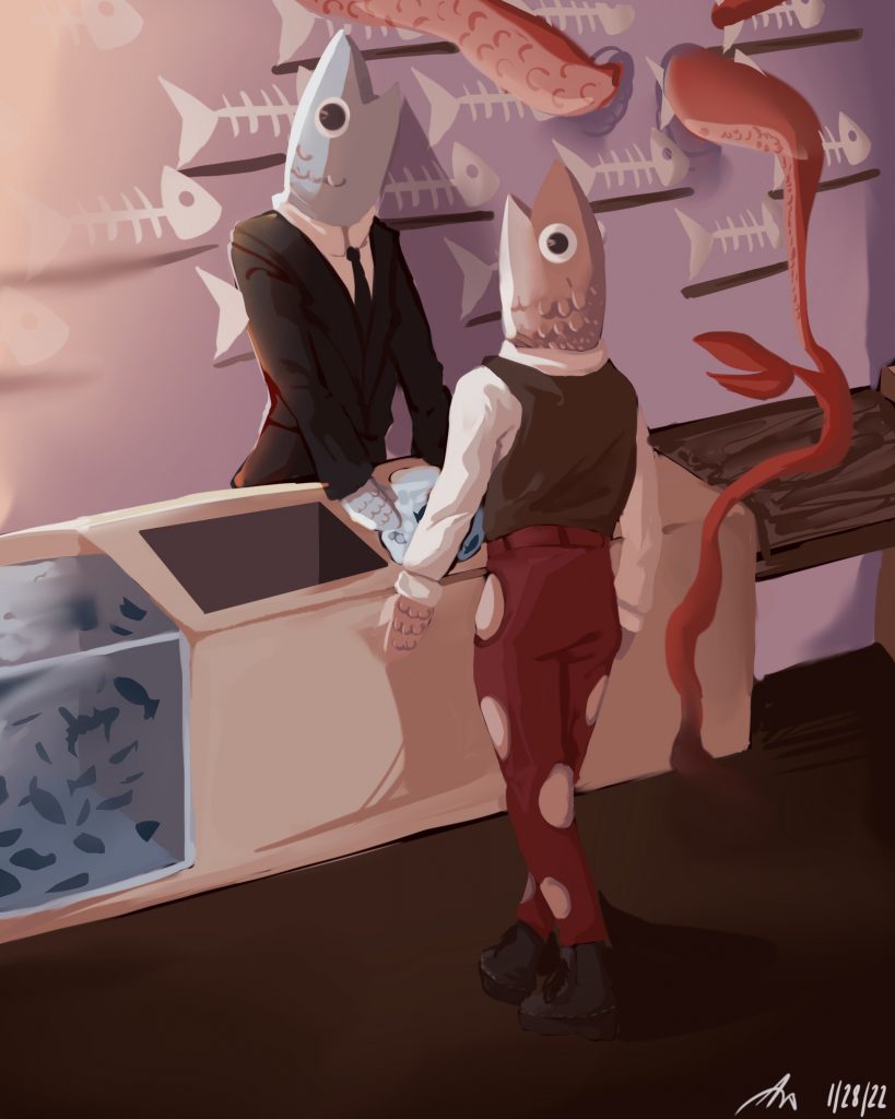 Two fish-headed human figures are in a conversation at a shop