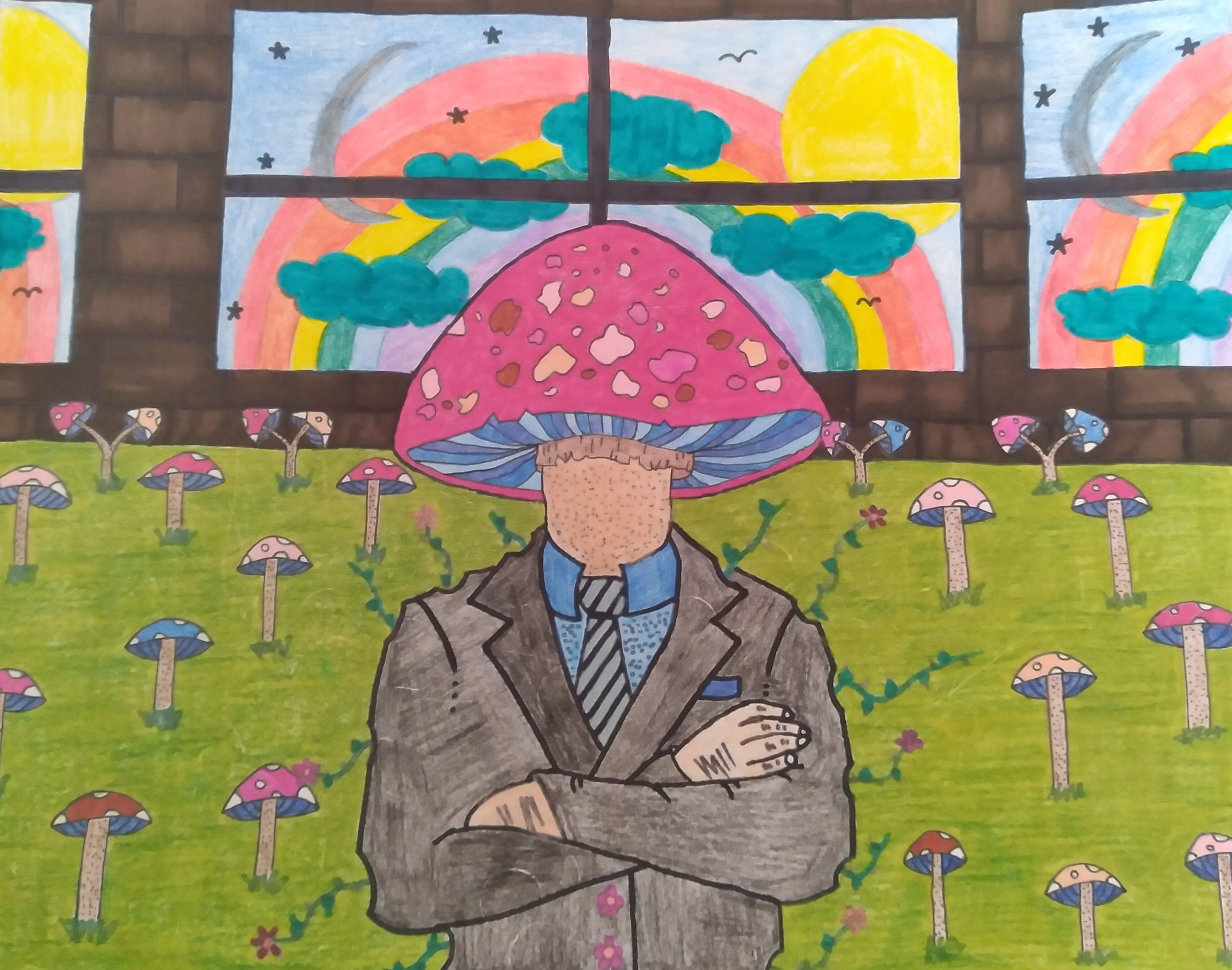 A man in suit with a mushroom head