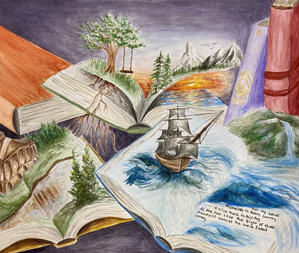 A couple of open books with trees and ships on them