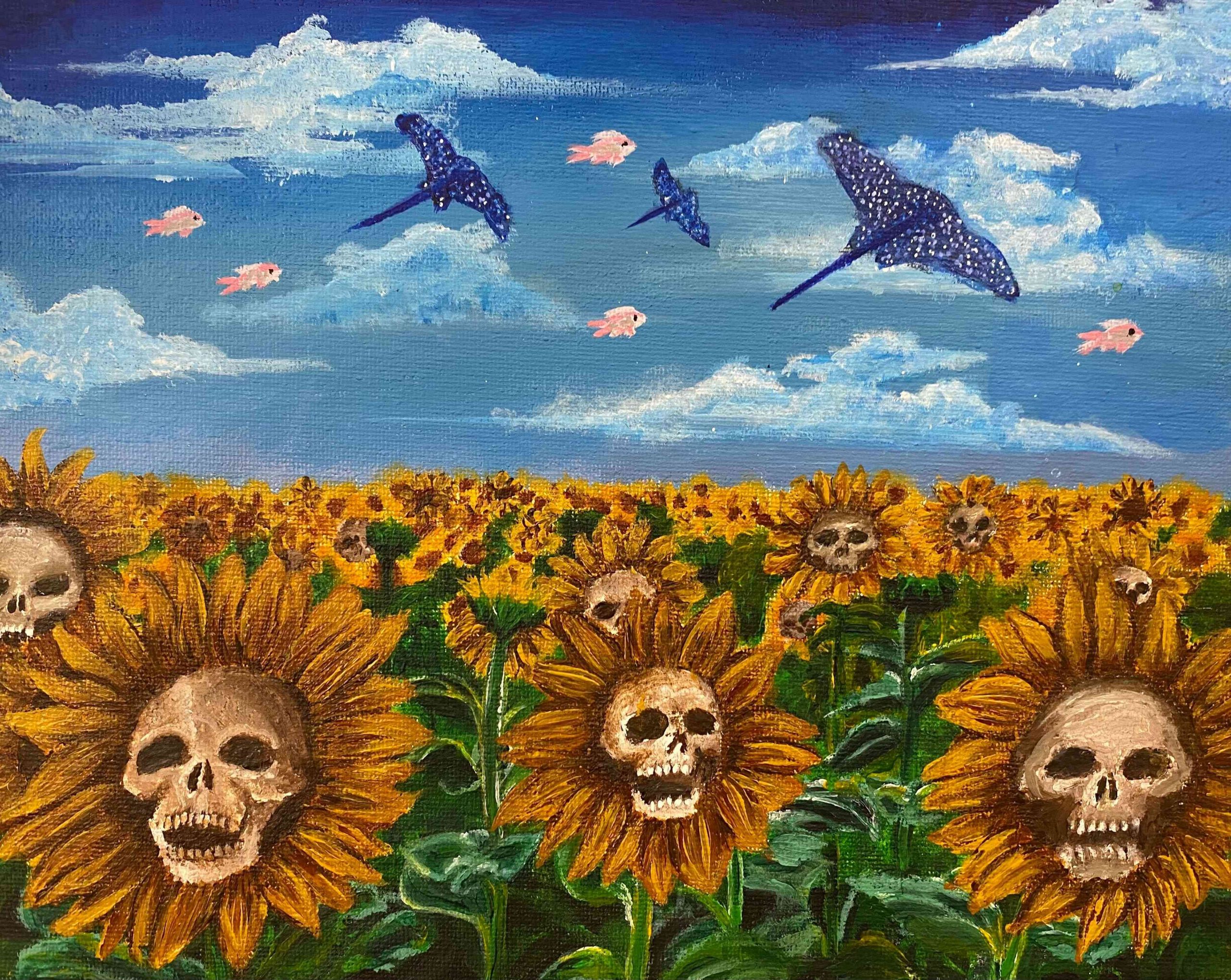 Sunflowers on a field with their seeds as skulls