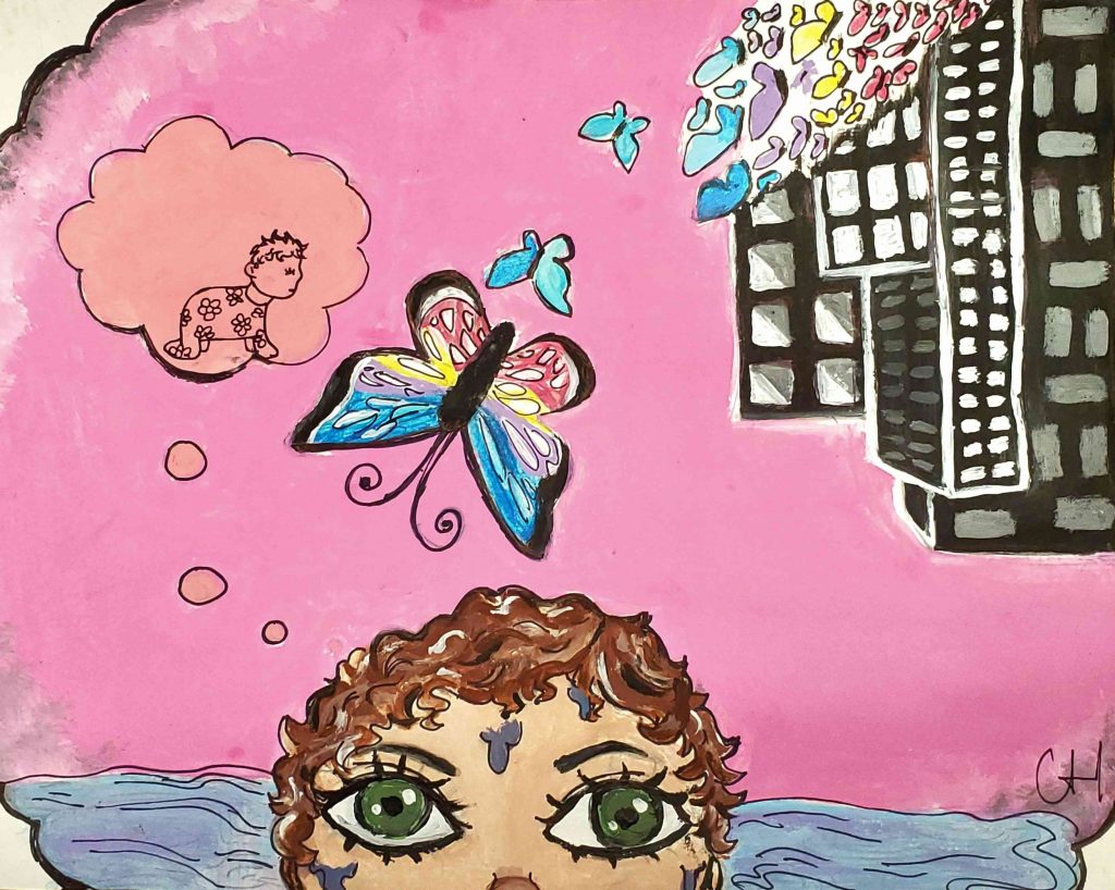 Butterflies and a young person in a pink painting