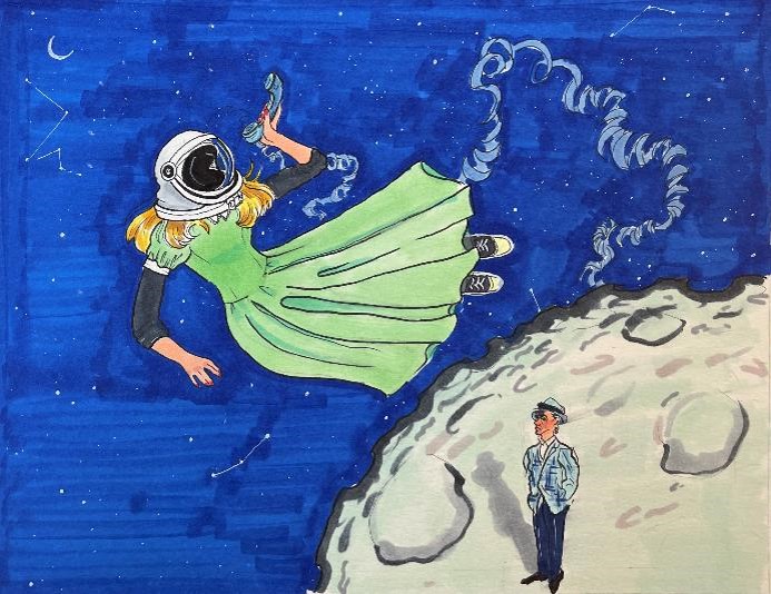 A woman in a green dress with a space helmet is falling off of earth